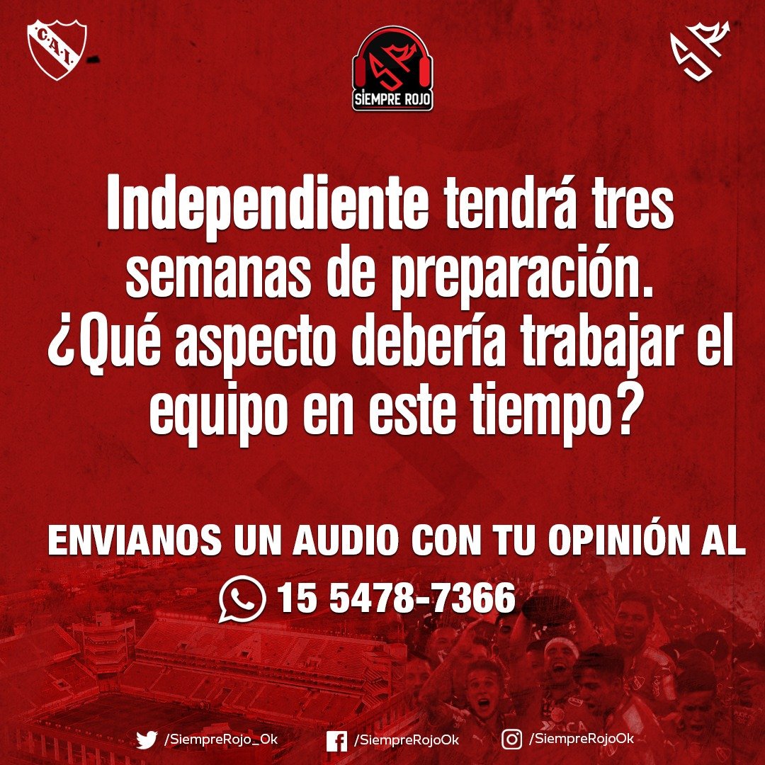 siemprerojo_ok's tweet photo. ¡Palpitamos el programa de esta noche con la #ConsignaSR!
#Independiente tendrás tres semanas de preparación. ¿Qué aspecto debería trabajar el equipo en este tiempo?
A partir de las 21, prendete a #SiempreRojo por Radio FMQ 93.5. ¡No te lo podés perder! 👹 https://t.co/fcQdC5n2yS