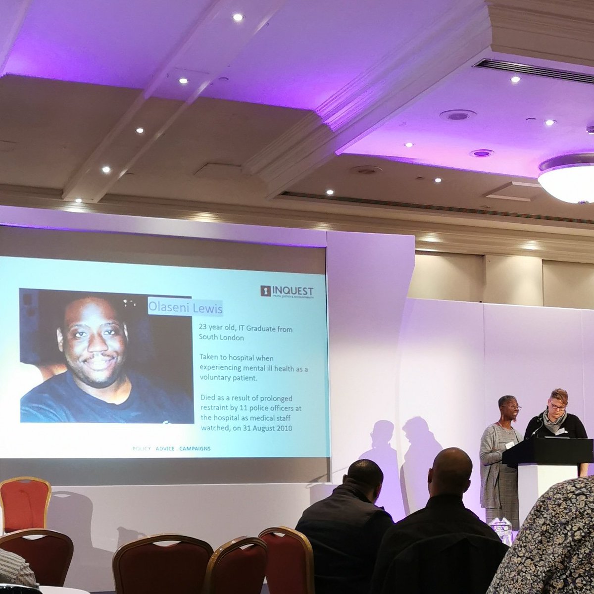 Roberto_1875's tweet photo. Heard this lady talk at the restraint reduction network conference today. From street activism to getting herself heard in front of the then home secretary, she gets a law passed through Parliament in the name of her son. Aji Lewis, what a woman!
#RRNBristol2019
#senislaw https://t.co/I3zDN1qSla