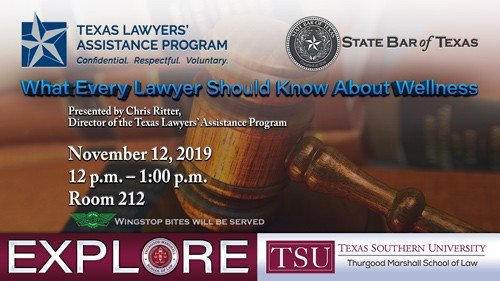 TMSLintheloop's tweet photo. @TSU Law, noon today, check out Chris Ritter, Esq., Director of the Texas Lawyers’ Assistance Program (TLAP) with the State Bar of Texas, for an informative discussion on  mental health and wellness in the legal profession. Hosted by the TMSL State Bar of Texas – Student Division https://t.co/IVOQpqo8Yf