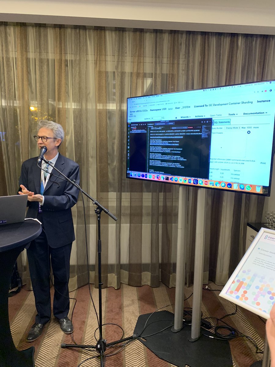 shvarov's tweet image. @Don_Woodlock demonstrates #InterSystemsIRIS #QuickML capability to utilize #ML on the fly in data management solutions @InterSystems_DE #DACHSymposium2019