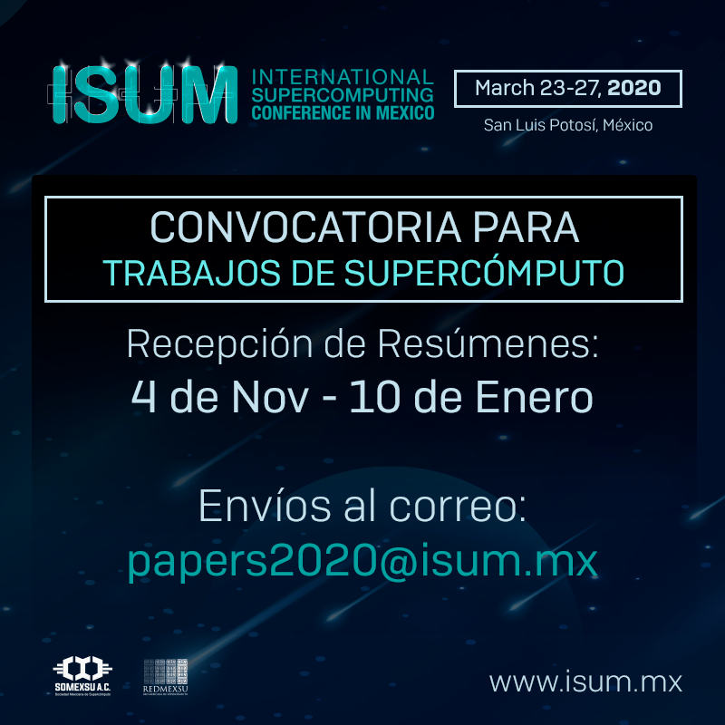 ISUM_SC's tweet photo. CONVOCATORIA PARA TRABAJOS DE SUPERCÓMPUTO - ISUM 2020.
Recepción de Resúmenes: 4 de noviembre al 10 de enero de 2020 // Envíos al correo: papers2020@isum.mx

https://t.co/HEQtcClATb https://t.co/c1faqJiBMD