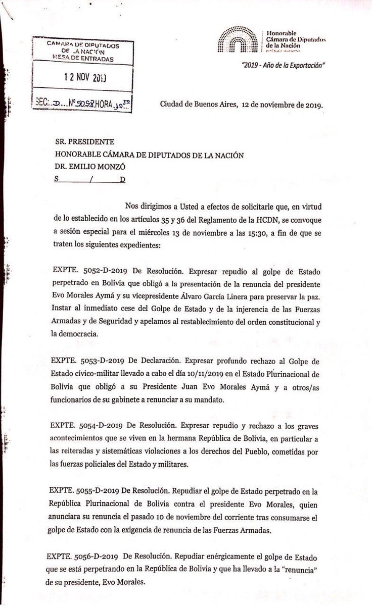 Facundo_Moyano's tweet photo. Convocamos a una sesión especial en @DiputadosAR en rechazo al golpe de estado cometido en Bolivia.

El camino nunca es la violencia y la militarización. Vamos a defender la democracia y las instituciones. https://t.co/r6lZXFSbMD