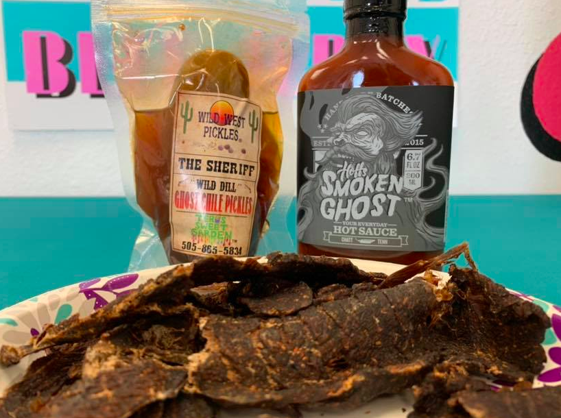 Get_Jerky's tweet photo. It's cold outside, so bring the heat! Chili heat, that is!! Stop in today for Ghost pepper sauce, ghost pickles and Caliente jerky!! #GhostPepper #SmokenGhost #WildWestPickles #GetHookedBeefJerky https://t.co/77NY6Pjon3