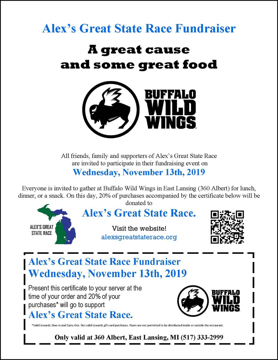 MSU_RCPD's tweet photo. THREE DAYS to Alex’s Great State Race! Join us at the event fundraiser happening TOMORROW at Buffalo Wild Wings in East Lansing and Ann Arbor! Present the attached coupon to your server (printed or on mobile), and 20% of your purchase will support AGSR! #Run4Alex #MSU #UMSocial https://t.co/6sOzZnzqQO