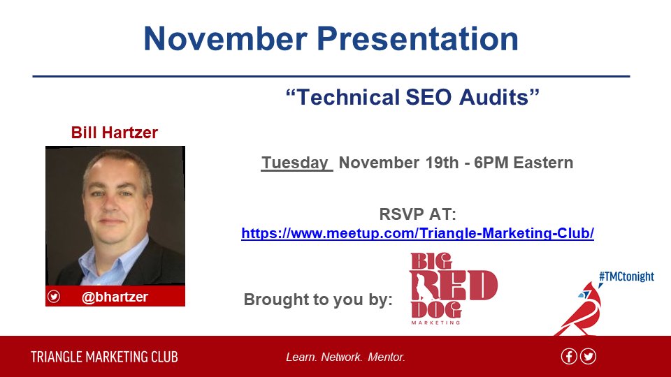 Next week Tuesday 11/19/19 @ 6pm <a href="/bhartzer/">Bill Hartzer</a>  is coming to #TMCtonight to teach us about Technical SEO Audits. So after #IS19 is over...Come Learn &amp; Network with us!  RSVP at meetup.com/triangle-marke…

@thetortugabiz @thedofm <a href="/Coalmarch/">Coalmarch Marketing</a> <a href="/mckinney/">McKinney</a>  
@roirevolution <a href="/theexecdigital/">Executive Digital</a>