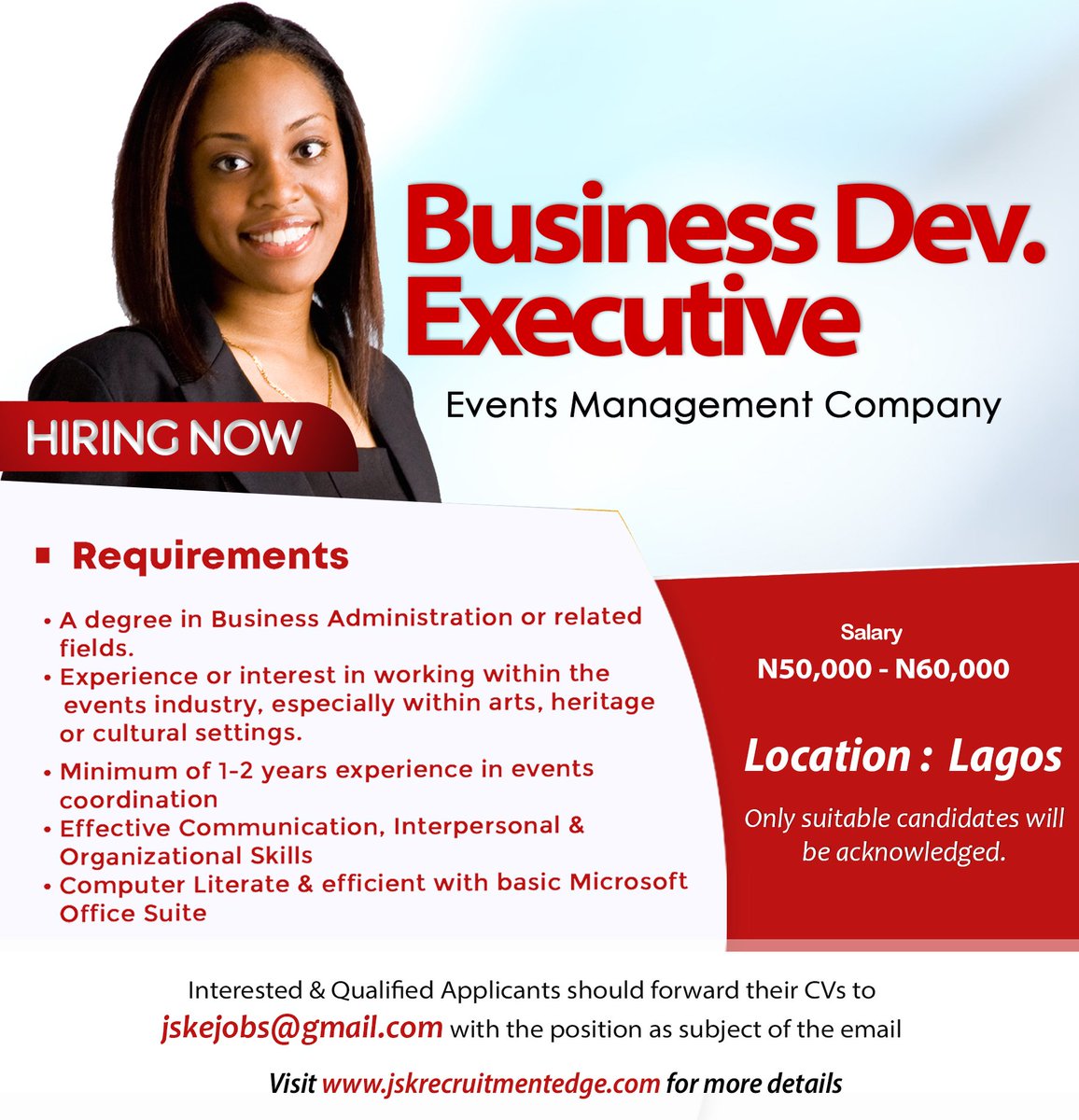 JSKConsulting's tweet photo. 🔊New Vacancy!!
Interested and qualified applicants should forward their CV's to jskejobs@gmail.com with the position as subject of the email.
Only shortlisted candidates will be contacted
#naijajobs #vacancies #recruitment #jobvacanies #jobsinlagos #StopPOScharges #latestjobs https://t.co/pyL6EH7TWt