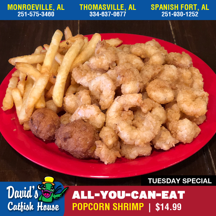 DavidsCatfishAL's tweet photo. ALL DAY TUESDAY SPECIAL!!! All-You-Can-Eat POPCORN SHRIMP, with (2) sides and hushpuppies for $14.99 #DavidsCatfishHouse #Catfish #Shrimp #Seafood #Instafood https://t.co/yjTlOvnXqS