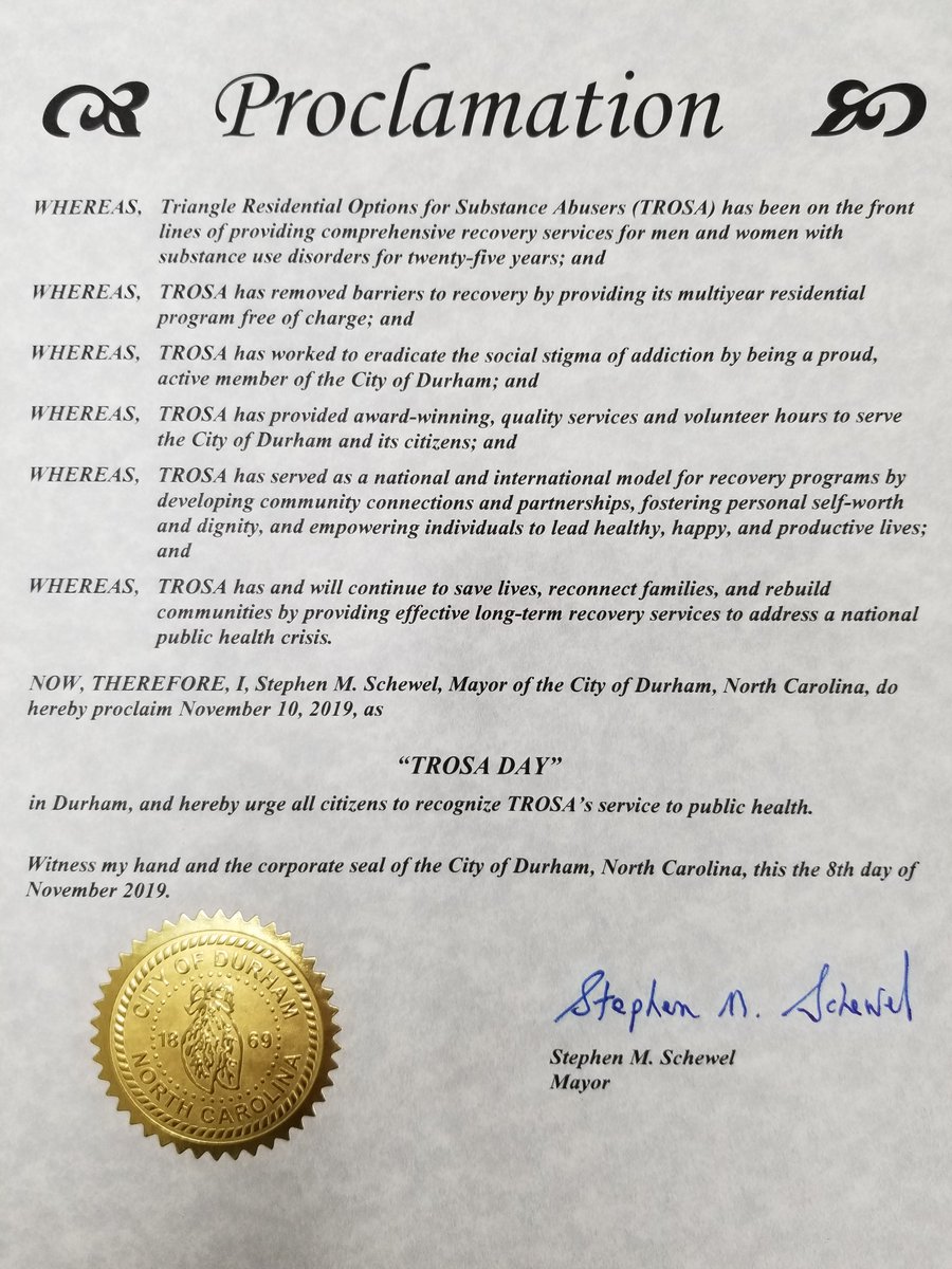 TROSAinc's tweet photo. "TROSA Day!" @CityofDurhamNC recognized TROSA's 25 years in service to men and women working to rebuild their lives. Thank you for this Proclamation, which made our Graduation Ceremony extra special! Read more: https://t.co/pJCdZIuK5X https://t.co/LBYTB733HA