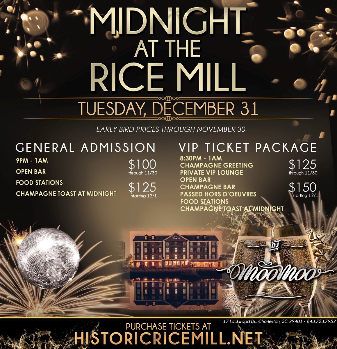 Come ring in the New Year with us at Midnight at the Rice Mill! This year features a private VIP lounge with champagne bar, speciality cocktail, and dessert display. Go to historicricemill.net for tickets. Act fast - prices go up on December 1st.