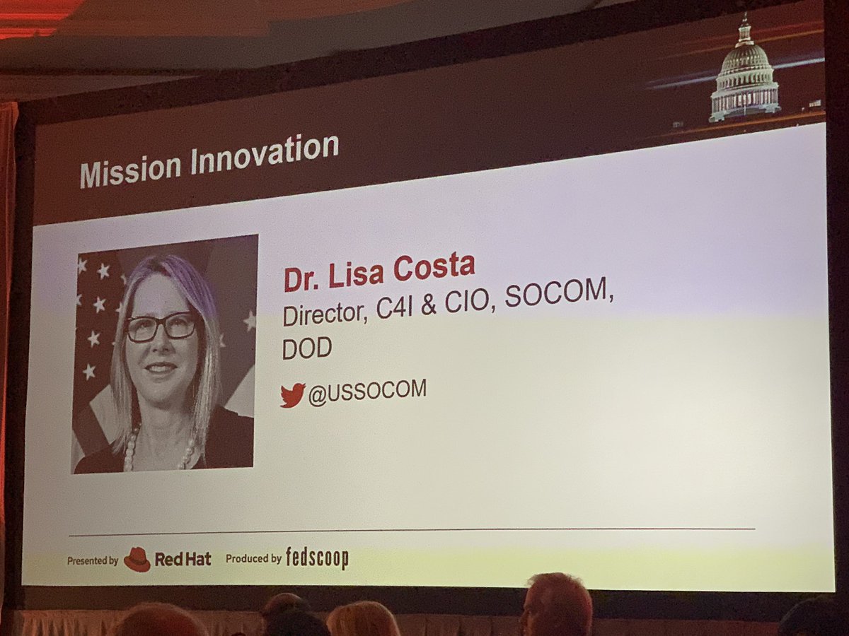 CraigSwansonVA's tweet photo. Mission Innovation with Dr Lisa Costa @ussocom “Sr executives must be more technical to operate their future business and mission/s. They need to understand the tech disruption to rapidly respond.”   @BoozDigital  @BoozAllen @RedHatGov #RHgov19 https://t.co/LTIorRtkkk