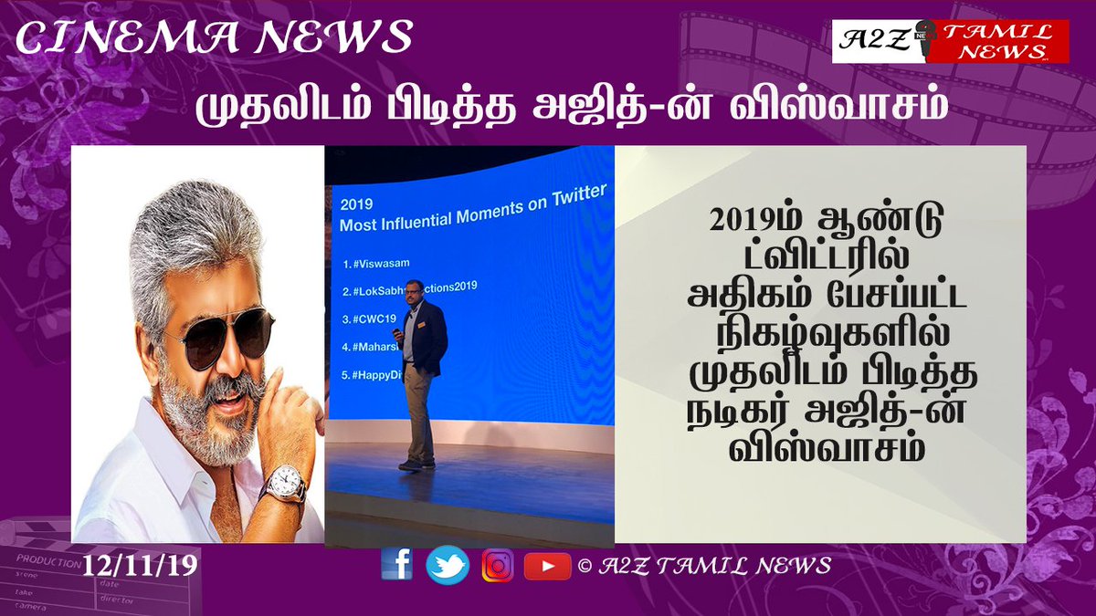 A2ZTamilNewz's tweet photo. 2019ம் ஆண்டு ட்விட்டரில் அதிகம் பேசப்பட்ட நிகழ்வுகளில் நடிகர் அஜித்-ன் விஸ்வாசம்  முதலிடம் பிடித்ததை ட்விட்டரில் கொண்டாடும் அஜித் ரசிகர்கள்.

மீண்டும் ட்ரண்ட் ஆகும் அஜிதின் விஸ்வாசம்.

#Viswasam
#ThalaAjith 
@ThalaAjith_FC
@ThalaFansClub 
@thala_speaks 
@ThalaAjith_Page https://t.co/pskW4hFzjb