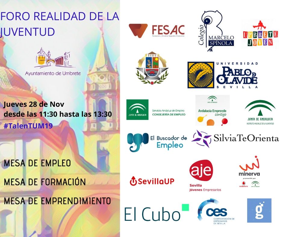 Foro #TalenTUM19 : Realidad de la Juventud frente al #Empleo, la #Formación y el #Emprendimiento el jueves 28 de Noviembre dentro de la programación #TalenTUMbrete en la Caseta Municipal a las 11:30 de la mañana <a href="/AytoUmbrete/">Ayto. Umbrete</a> <a href="/RedGuadalinfo/">Vuela Guadalinfo</a> <a href="/pablodeolavide/">Pablo de Olavide</a>  @AJESevilla <a href="/prodetur/">Prodetur DipuSevilla</a>🔝
