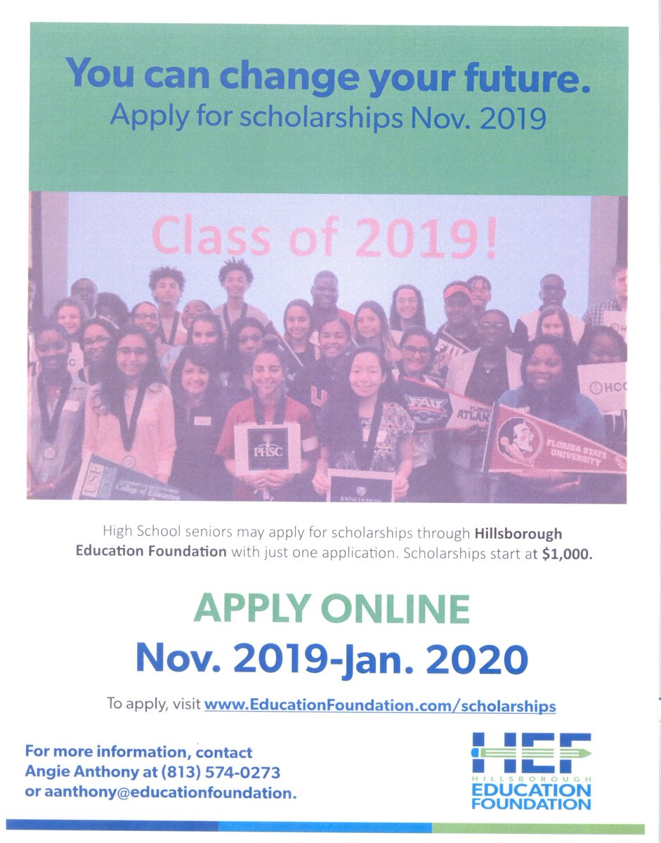 Hillsborough Education Foundation scholarships open this Friday, November 15!

This one scholarship application allows you to apply for multiple scholarships offered through the Foundation. Please go to educationfoundation.com/scholarships