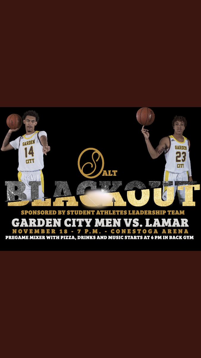 SaltGccc's tweet photo. Monday November 18 Garden City Community College SALT is hosting a black out night for the men’s basketball game. All athletes are encouraged to come in all black. There will be a mixer for the student athletes starting at 6 pm in the back gym. https://t.co/YYLXz9zeYZ