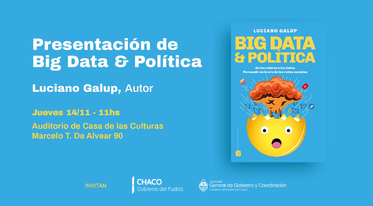 Quiero invitar a todos y todas a la presentación del Libro📘 <a href="/bigdatapol/">bigdatapol</a> "de los relatos a los datos" de <a href="/lgalup/">Luciano Galup</a>.
Este jueves 14 a las 11Hs en la #CasaDeLasCulturas📅. 
Te esperamos! 🙌