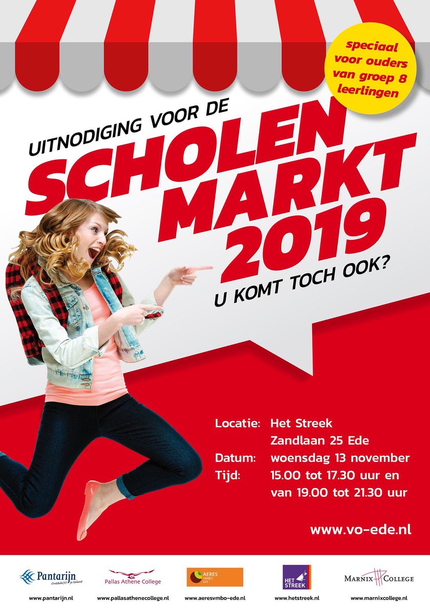 Ouders, jullie zijn welkom om kennis te komen maken met Pantarijn! Morgen grote Scholenmarkt voor de regio Ede-Wageningen. #schoolkeuze #Wageningen #VO