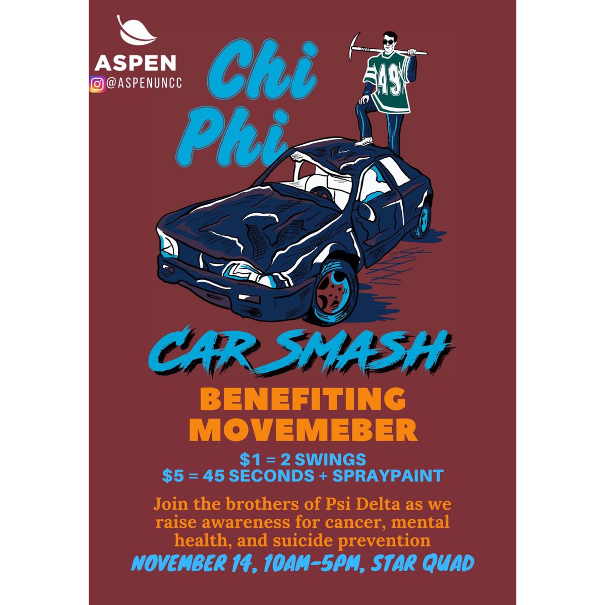 This Thursday we will be having our first annual car smash. 

All proceeds going to the move ever foundation which benefits the men’s mental health, suicide prevention, and prostrate and testicular cancer research