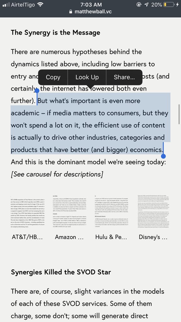 Screenshot of Matthew Ball's most recent blog post. Specifically the section titled "The Synergy is the Message."