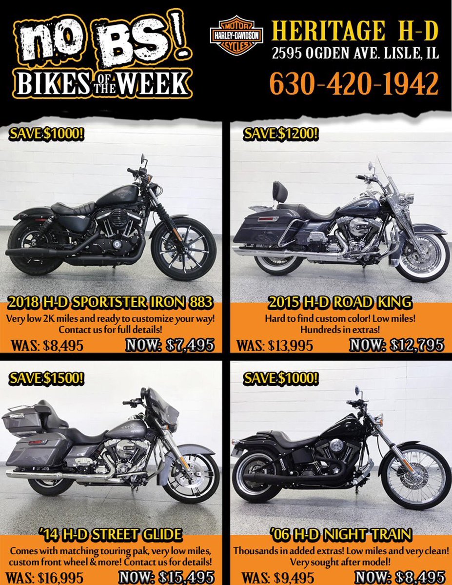 HeritageHD1's tweet photo. Take advantage of deep discounts on the pre-owned Bike(s) of the Week! Offer expires Nov. 19th!!! #heritageharleydavidson #harleydavidson #customerserviceworththeride #usedbikes #liveyourlegend 🇺🇸 https://t.co/HcjZPWJbsg