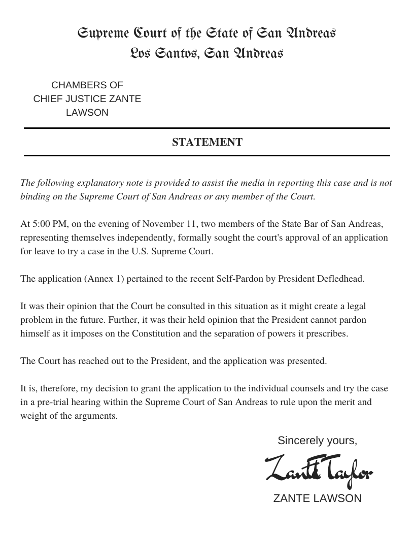 SASupremeCourt's tweet photo. STATEMENT: Legal Issue of a Presidential Self-Pardon to be tried in a pre-trial hearing by the San Andreas Supreme Court. https://t.co/9ExyFVHvgO