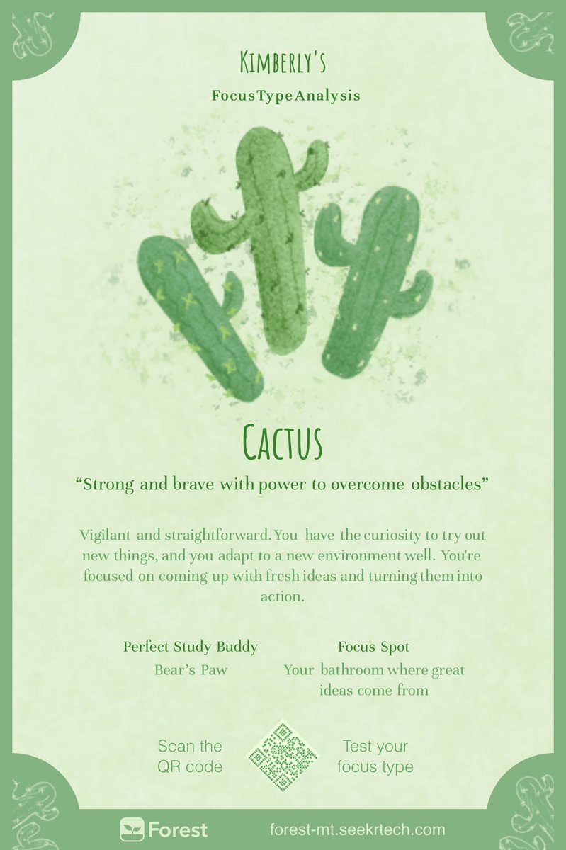 Dr_KMRodriguez's tweet photo. I’m a Cactus 🌵 and am looking to find my perfect #ForestStudyBuddy! Friendly welcome to any “Bear’s Paw” focus types 🐻🐾🤓 Find your focus type/personal flower here: https://t.co/sjt9TdIaAV #ForestApp #letsgrowtrees #growwithme https://t.co/NwiQviY4WW