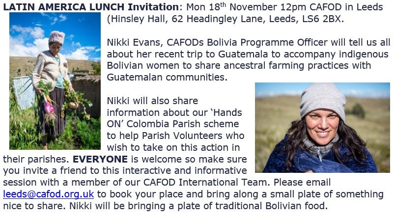 CAFODLeeds's tweet image. Hi there @HaworthMachu we hope you can share this invitation with your networks. Mon 18th November 2019 Latin American lunch at #CAFOD in the Diocese of Leeds #bringaplate #sharedlunch #peru #bolivia #guatemala #meetup #volunteers #ourcommonhome #lunchtimetalk