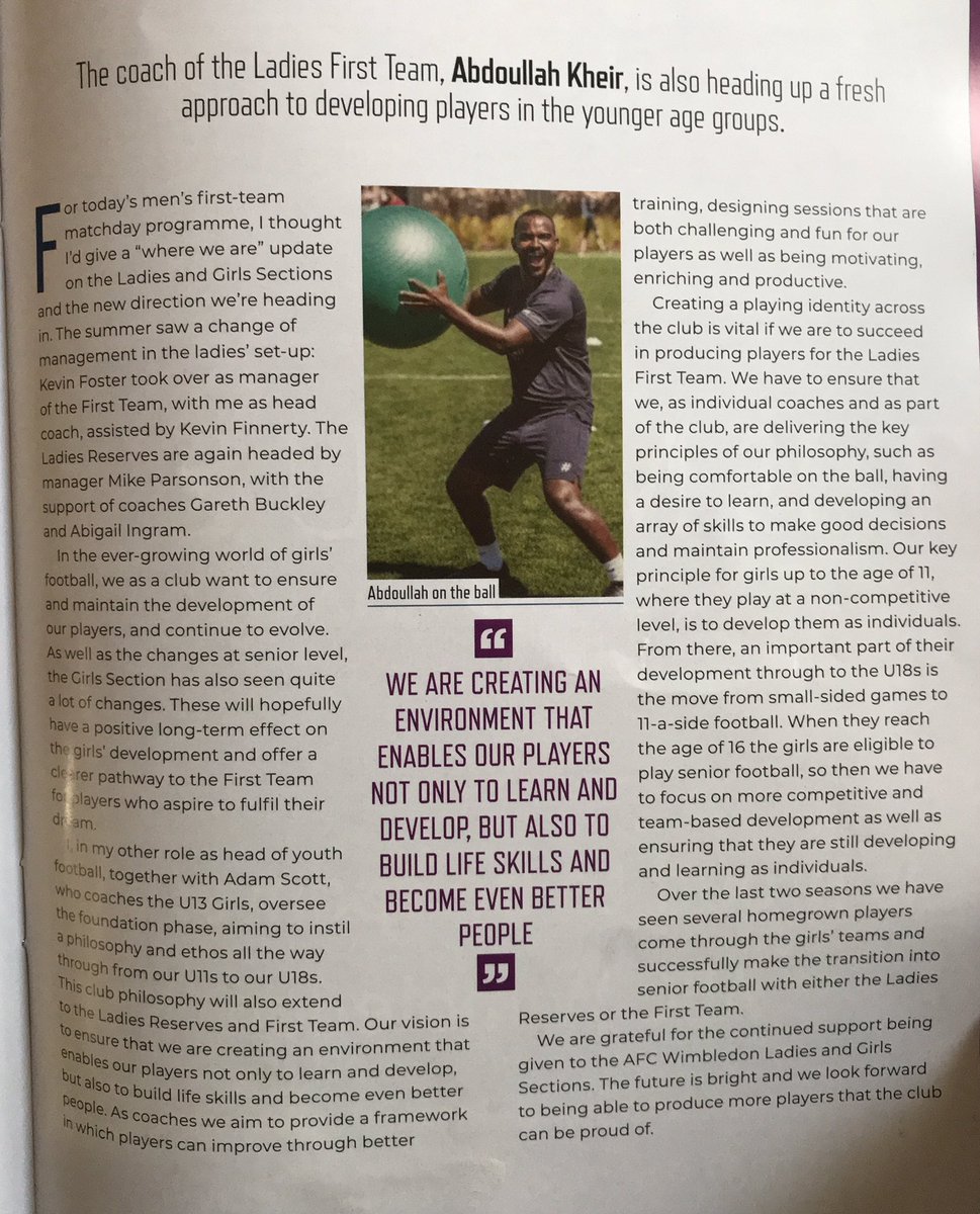 KISS_soccer's tweet photo. Wrote a piece that featured in the @AFCWimbledon men’s programme this weekend; discussed all things football and the new direction of the Women’s and girls set up; from @AFCWLadiesGirls through to @afcw_ladies Have a read below 
https://t.co/k2nk2iUaKz https://t.co/tP6tImTDD6