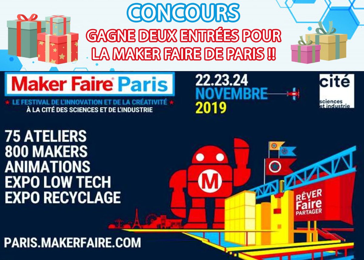 Heliox_Lab's tweet image. 🎁 #CONCOURS !!🎁

Gagne 2 entrées pour la Maker Faire de Paris !

Pour participer:
👉 RT ce tweet
👉 Follow @MakerFaireParis et @Heliox_Lab
👉 Facultatif : Poste une photo d&apos;une de tes réalisations sous ce tweet :)

⏳ TAS le 17/11/19
🍀Good Luck !
