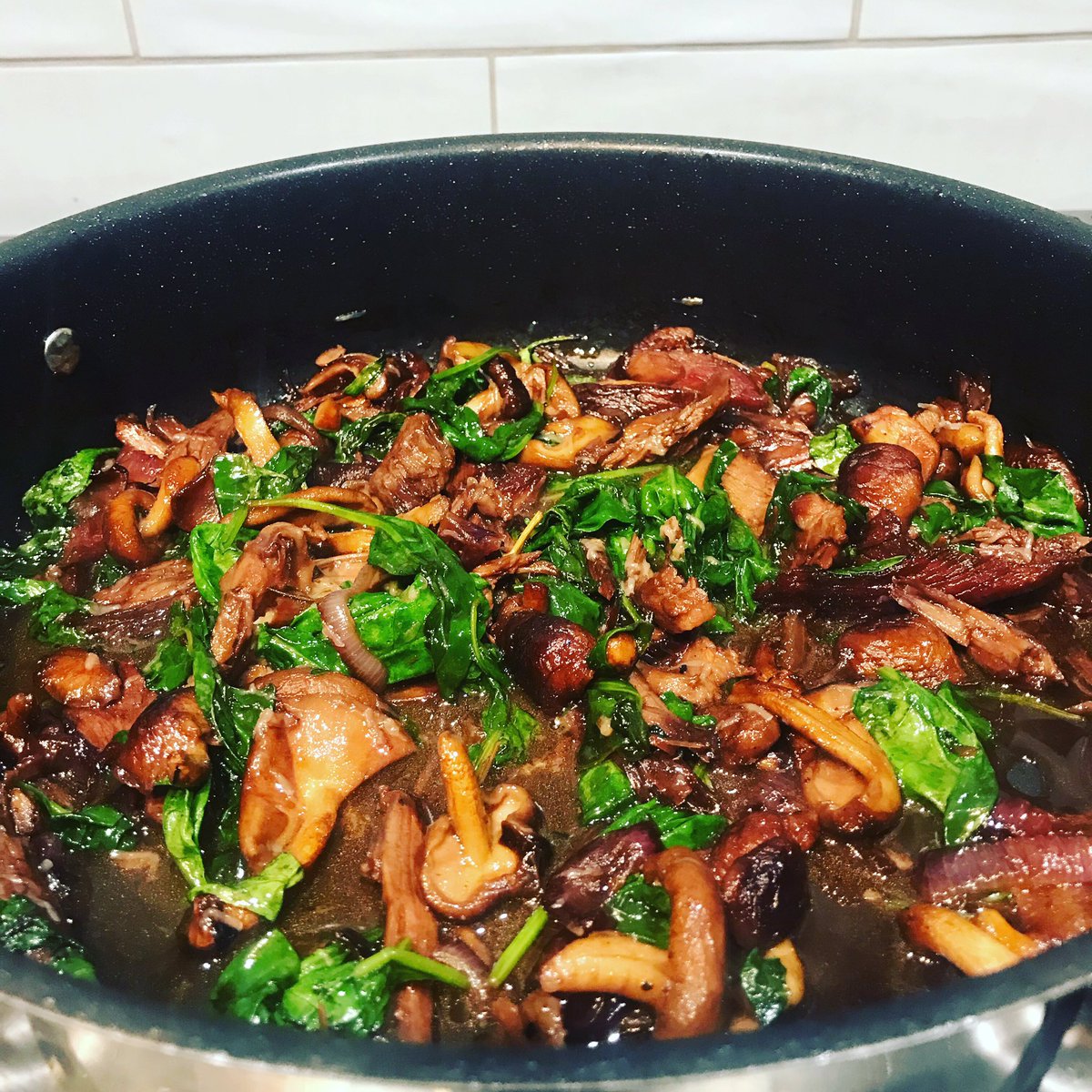 LemonZestful's tweet photo. Leftovers. Shoulder of lamb repurposed with addition of mushrooms & spinach. Serve over pappardelle. #letnothingbewasted https://t.co/nJWJX1xFlJ
