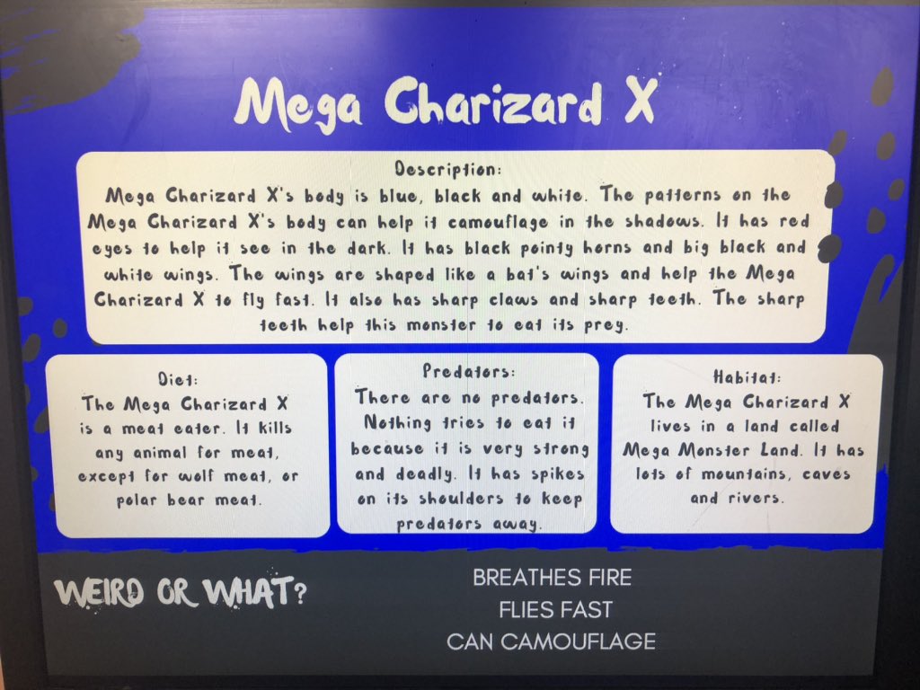 SuperOgden's tweet photo. Room 11 has been busy writing a “non-fiction” monster book! Students typed their information and edited the background colour. #monsterproject @TDSB_Ogden https://t.co/kq9YStfSup
