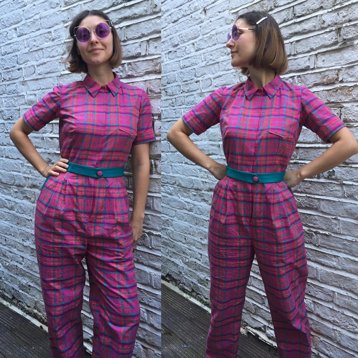 almitamade's tweet photo. New post on the blog all about  this nice &amp; subtle tartan jumpsuit 💓 pink tartan &amp; teal sateen from Goldhawk Road, pattern is the Len by Sugardale. The maniacal pattern-matching made it a very slow process but look at them! #memadejumpsuit Read here ➡️ https://t.co/Tnd0RhbakM https://t.co/xpN6QEhKii