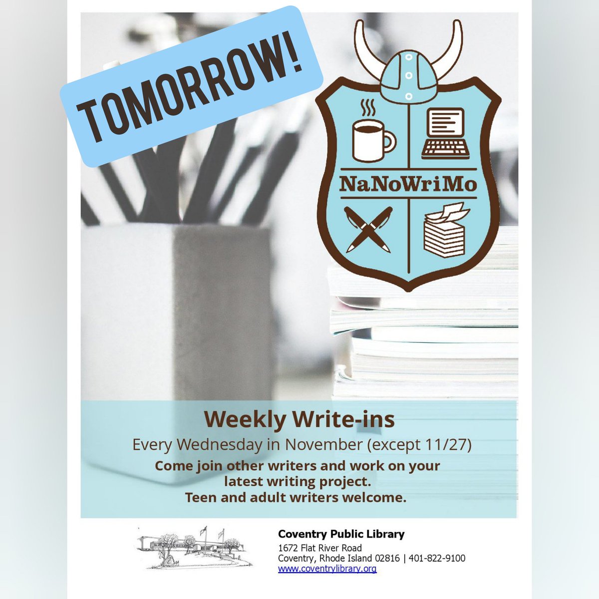 CovPubLib's tweet image. Join us tomorrow for our second write in of November. Bring whatever project your working on and work on it along side other aspiring writers! We have NaNoWriMo bookmarks and stickers to give out to anyone who attends. Writers grades 6 through adult welcome.  #CovPubLib