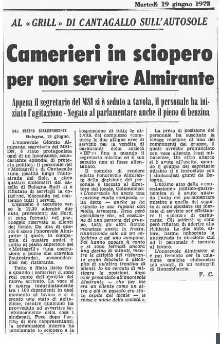 PippiCalz's tweet image. 18 giugno 1973, un lunedì rosso. Il giorno in cui i camerieri del Cantagallo si rifiutarono di servire Almirante e la sua scorta.
Né cibo né carburante per i #fascisti in sosta al Mottagrill, cacciati via ignominiosamente dai lavoratori in #sciopero.