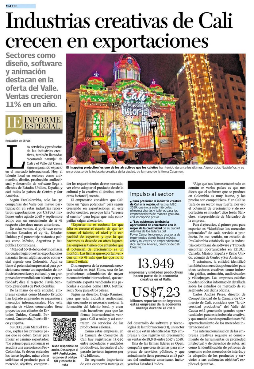 camaracali's tweet photo. #Noticia | Las 30 compañías del Valle con mayor participación en la industria creativa reportaron exportaciones por US$39,5millones entre agosto 2018 y septiembre 2019, 11% más que en los 12 meses anteriores. Vía @elpaiscali. 
#CaliEsCreativa Somos #UnValleCreativo https://t.co/VL2j3CAnk4