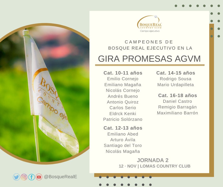 Hoy jugarán la segunda jornada de la Gira Promesas AGVM ⛳, nuestros pequeños #golfistas que inician en este deporte. 
¡Éxito, campeones! 🏌️‍♂️💥💪🏆 #OrgulloBREjecutivo 
#OrgulloAGVM