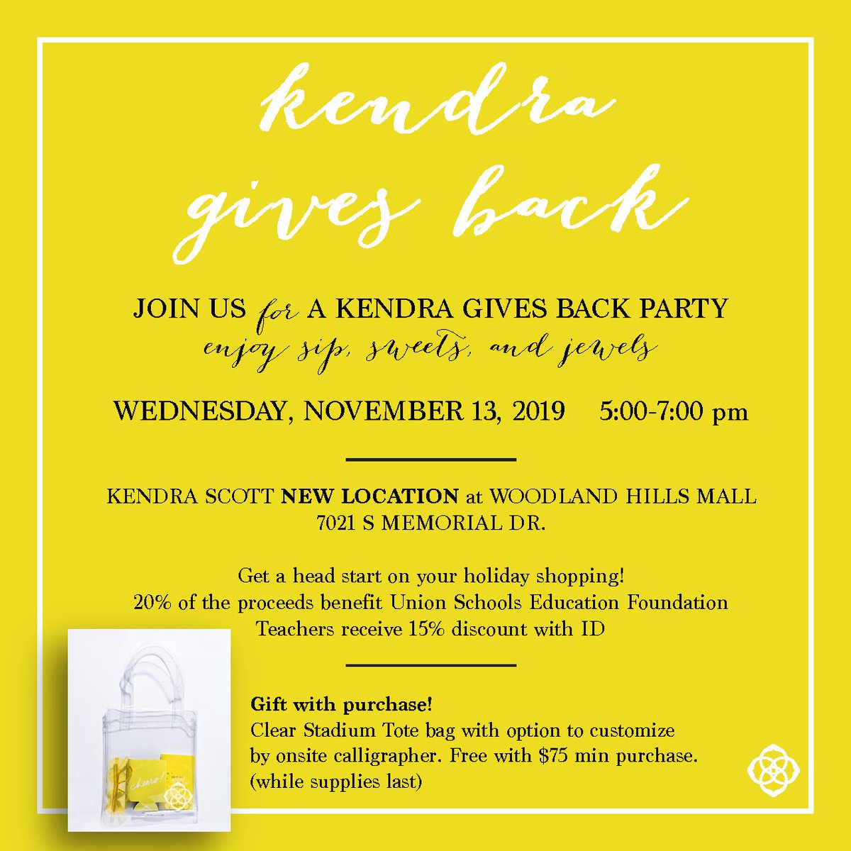 UnionFound's tweet image. Come support the @UnionFound and check out the new @KendraScott store at @WoodlandHillsOK tomorrow from 5-7! Be sure to let them know you’re with @UnionSchools! Teachers receive 15% discount!
