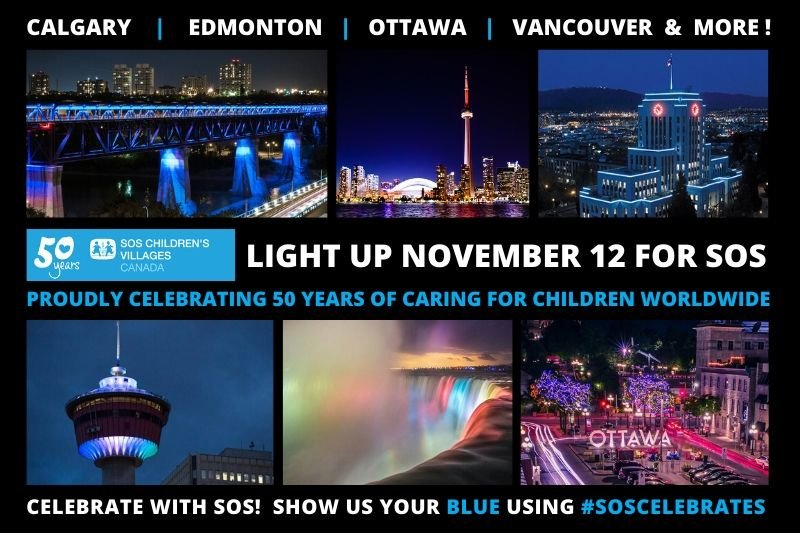 SOSChildrenCan's tweet image. 🎂Today marks our 50th anniversary and we're lighting up monuments in SOS blue to celebrate! Share your blue📸 using #SOSCelebrates:
#Vancouver City Hall
#Calgary Tower
#Edmonton High Level Bridge 
#Niagara Falls
#Toronto CN Tower
#Ottawa SOS Office, Byward Market Sq.