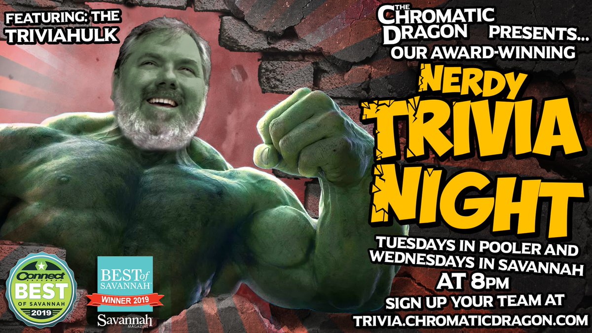 Tonight at 8pm at our Pooler location it's our award-winning Nerdy Trivia Night! Assemble your trivia team at trivia.chromaticdragon.com and prepare to duke it out for the nerdy trivia crown! There's food, fun, and prizes tonight at The Chromatic Dragon!