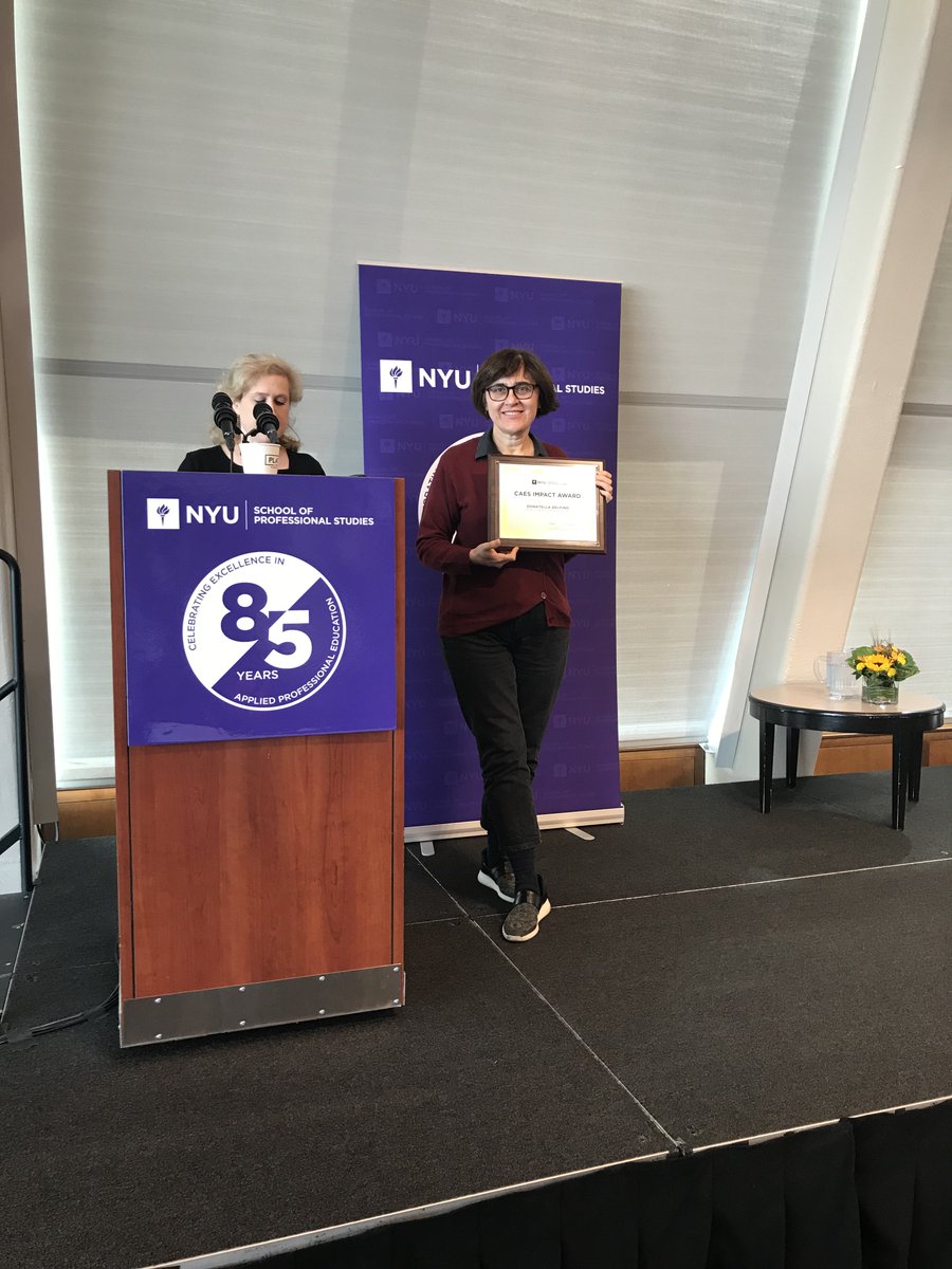 NYUSPS_DAUS's tweet photo. Congratulations!!! to DAUS Prof Donatella Delfino for receiving a @nyuspscaes Impact Award @NYUSPS Teaching and Learning Symposium on 10/25/19. She facilitated a breakout session entitled, “Exploring Active Learning Strategies in Quantitative Courses.” #NYUSPSTLS19 #CAESKeynotes https://t.co/4E8Qzw6fZn