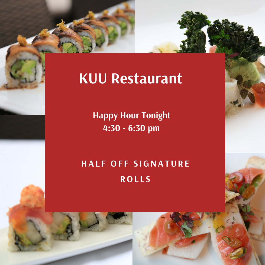 Keep warm at KUU tonight! ❄️🍣
Tuesday &amp; Thursday Happy Hour: Half off our signature rolls
Don't forget to ask your server about our specials : Chutoro &amp; Blue Fin Tuna.
