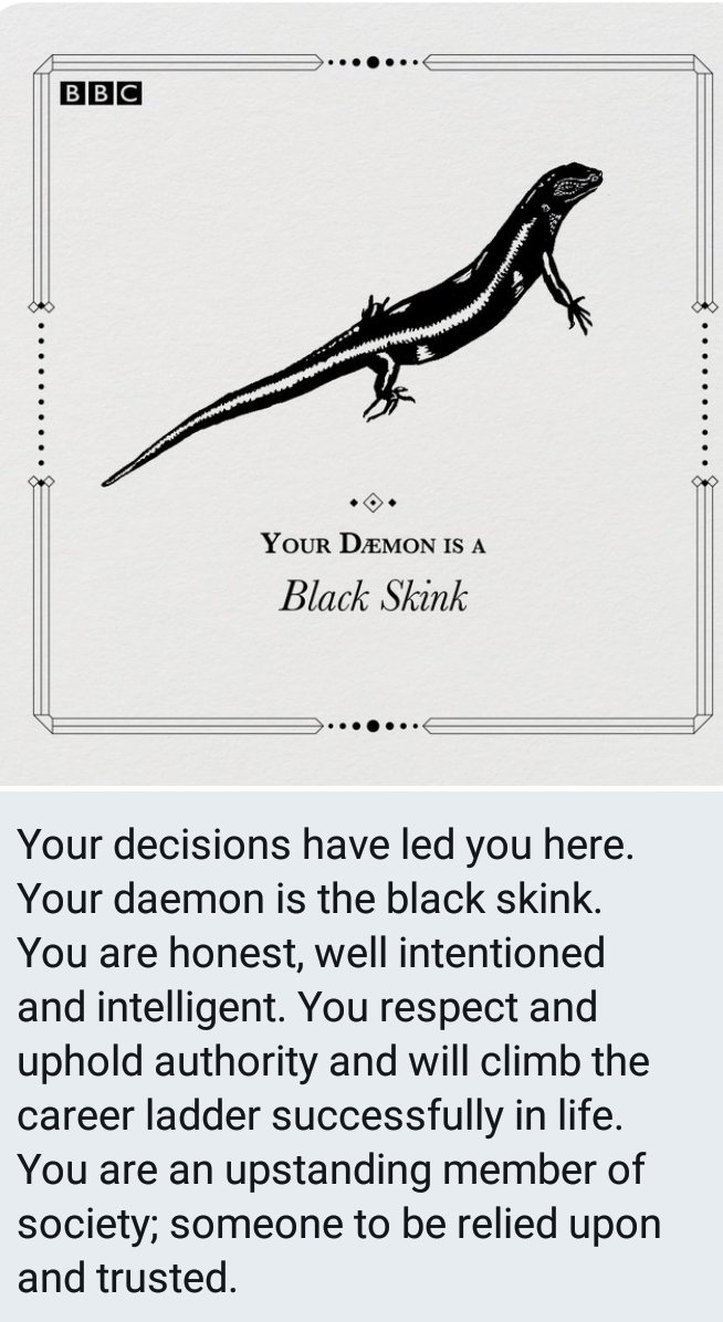Dulcie_C's tweet photo. I journeyed through the world of #HisDarkMaterials and discovered my daemon is a black skink! You can find out what your daemon is too by clicking below. https://t.co/Cb06yyVPuo https://t.co/BnVn2JgJB9
