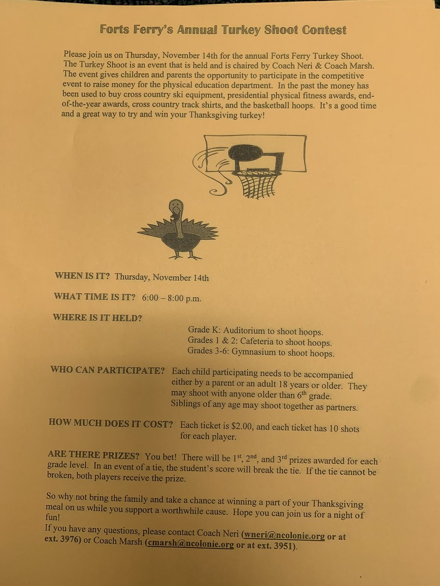 🏀🦃 Gobble Gobble ..... its time for the annual Turkey Shoot. This Thursday November 14th from 6-8pm. Come on in from the cold, shoot some baskets and help the physical education department raise money. Prizes will be awarded. $2.00 per ticket for 10 shots. We hope to see you!