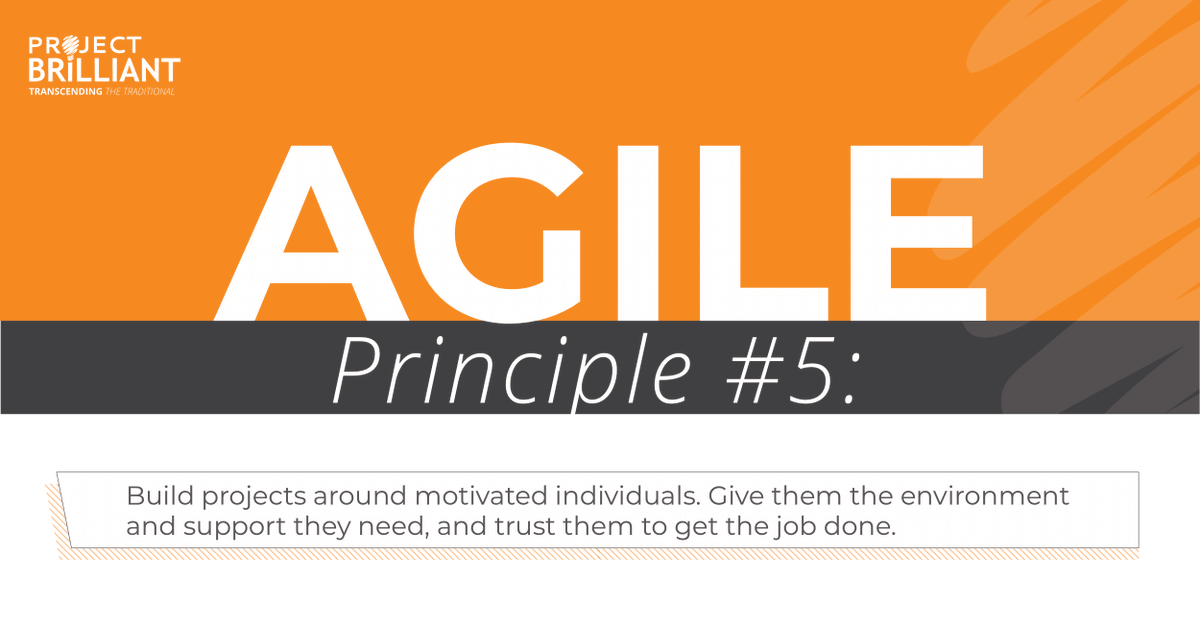 ProjBrilliant's tweet photo. Lean into today’s agile principle #5! Project team focus emphasizes the importance of support, trust and motivation. What happens when you lead with this principle? Productive and cost-efficient execution and motivated, self-organized teams. Win-win!
#agileprinciple #agile https://t.co/yAUNwg5vsv