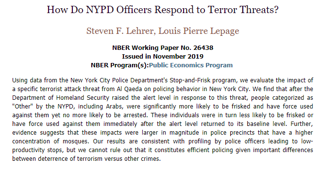 Periods of high terrorism threat lead to an increase in frisking and use of force against Arabs as part of the NYPD's Stop-and-Frisk program, from <a href="/lehrers/">Steven Lehrer</a> and Louis Pierre Lepage nber.org/papers/w26438