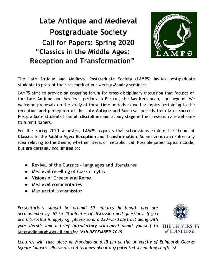 Call for papers for our Spring Seminar Series! Please send all submissions to lampsedinburgh@gmail.com by December 16th.