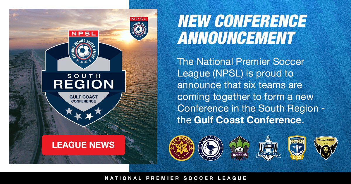 NPSLSoccer's tweet photo. New Gulf Coast Conference announced by the #NPSL

Read more: https://t.co/gw1OwsKB5Z https://t.co/LJbeI7hwkZ