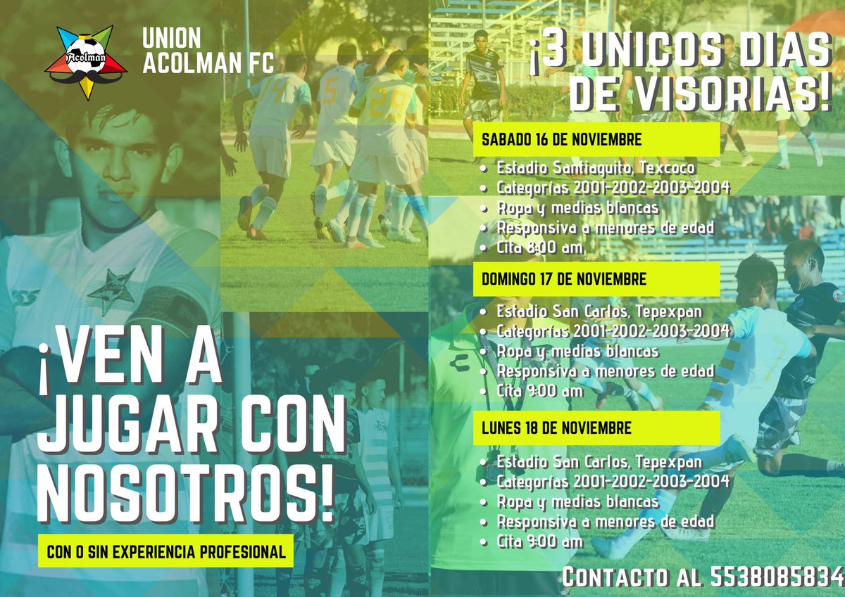 AcolmanFc's tweet photo. No habrá otra oportunidad! ⚽️

Este fin de semana tenemos visorias para el #C19, si eres nacido en los años 2000, 2001, 2002 o 2003 esta es tu oportunidad para jugar fútbol profesional @LigaTDP

#CompromisoTigre #SomosTurquesa #AzulesDeCorazon 💙😍⚽️ https://t.co/Fc5Ke5BEWP