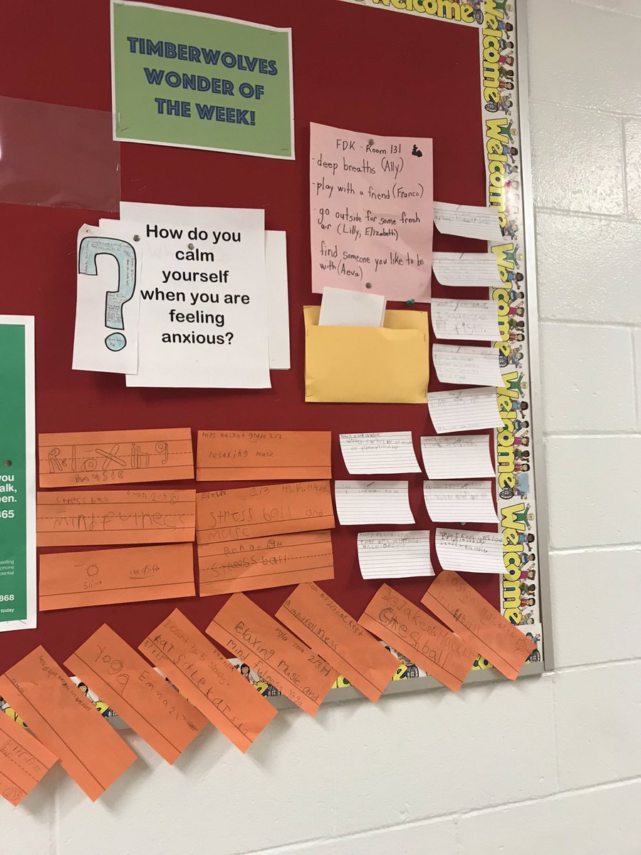 TecumsehLKDSB's tweet photo. Cara wanted to know how people calm down when they are feeling anxious. The students in the school responded with some great strategies! #WonderoftheWeek #HOWL #humansoflkdsb #lkdsb https://t.co/KA7EN1e98s
