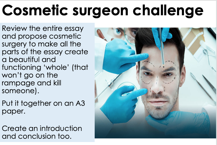 Paul 🌎 (@ploguey) on Twitter photo Thanks to <a href="/andyrgrosvenor/">Andy Rumsey</a> for this idea too:
Yr 12 tackled Frankensteins monster today by being responsible for an individual paragraph and we then stitched them together to become an essay.
Following that, we gave it a bit of 'Nip/Tuck' to see how we could make it flow better. Thanks to <a href="/andyrgrosvenor/">Andy Rumsey</a> for this idea too:
Yr 12 tackled Frankensteins monster today by being responsible for an individual paragraph and we then stitched them together to become an essay.
Following that, we gave it a bit of 'Nip/Tuck' to see how we could make it flow better.