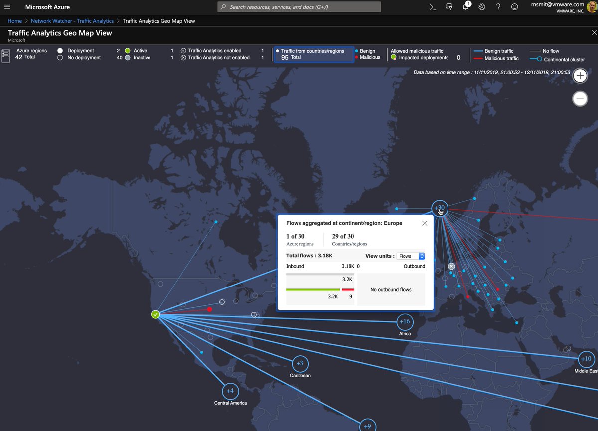 smitmartijn's tweet image. The network flow visibility in @Azure is pretty impressive (especially compared to other public clouds, looking at you @awscloud ). The visualization of the geographical distribution of network traffic is stunning &amp;amp; functional! #cloudmusings